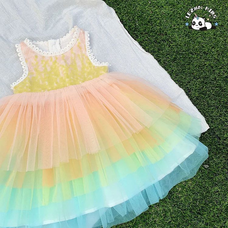 LEZONKIDS - OEM Girls Mesh Rainbow Tutu Dress Kids Sequin Mesh Party Dress Evening Party Princess Dress for Kids